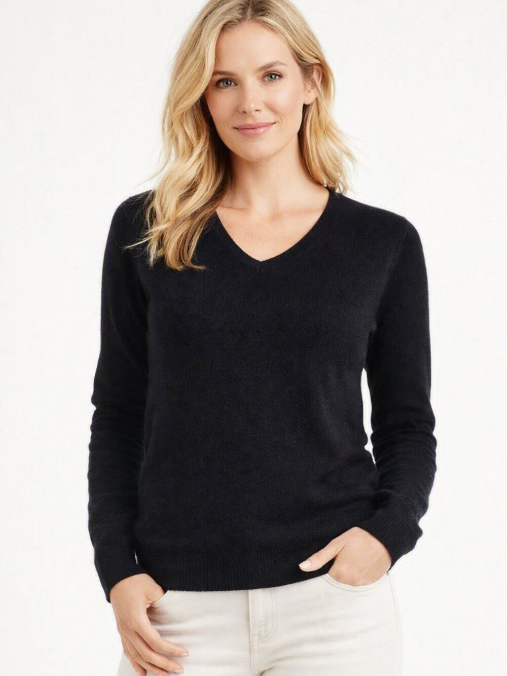 Madison 100% Cashmere V-Neck Sweater Women's Size M Black Polished New With Tags